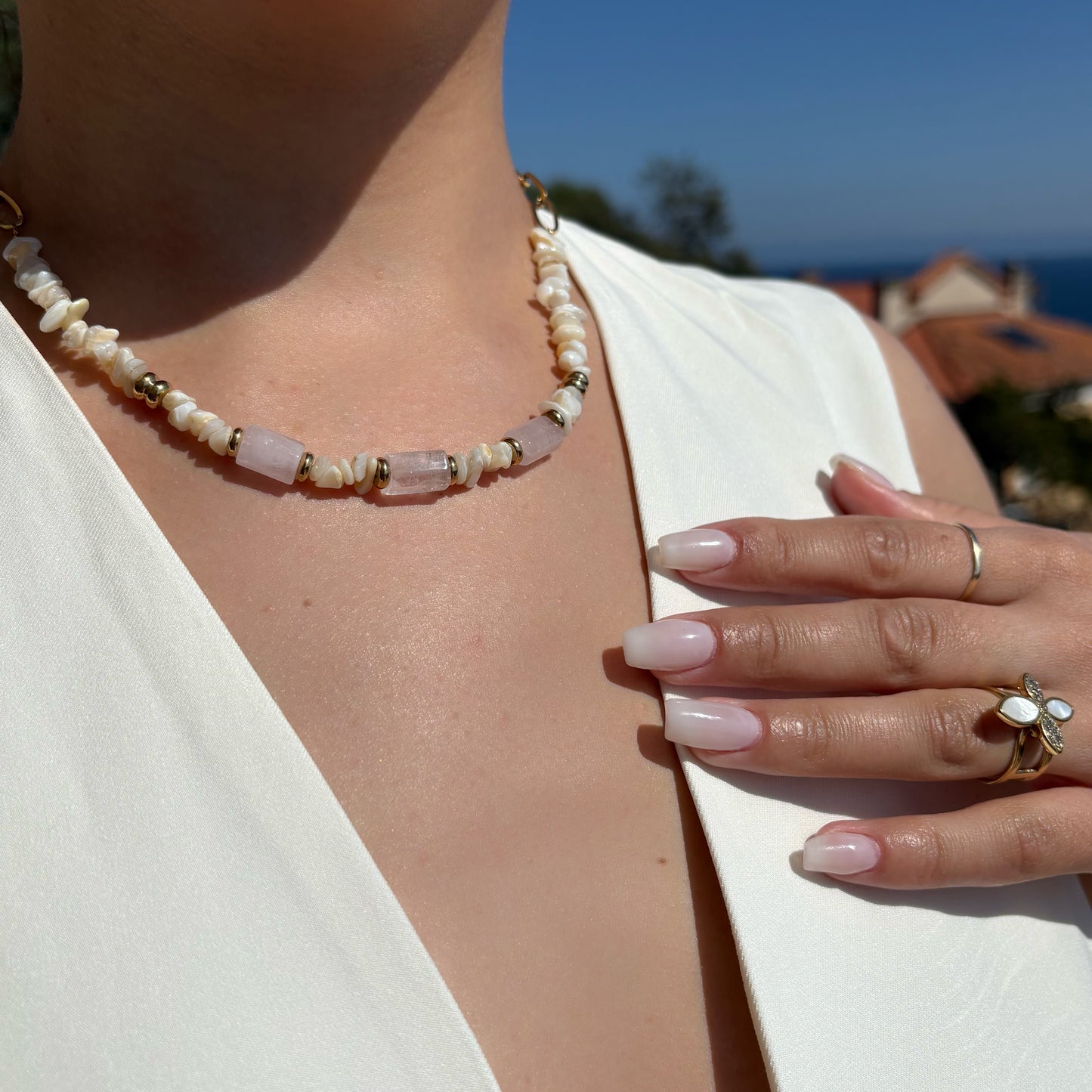 Collier en pierres naturelles - Coquillage & Quartz Rose