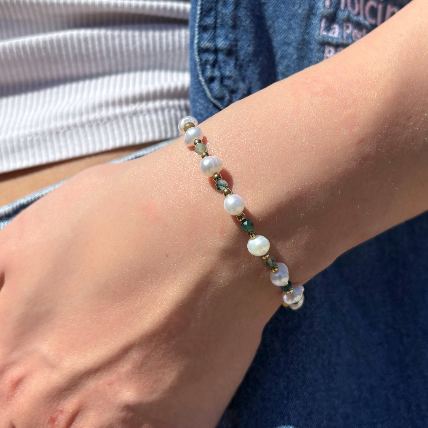 Bracelet en pierre naturelle - Jaspe vert & Perle d'eau douce