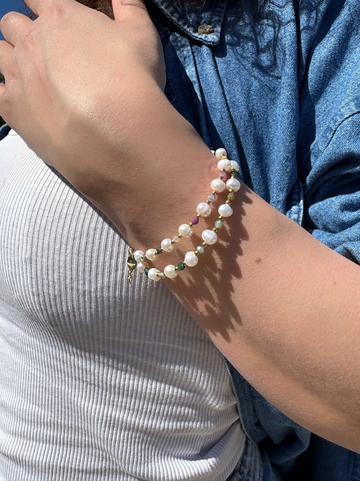 Bracelet en pierre naturelle - Tourmaline & Perle d'eau douce