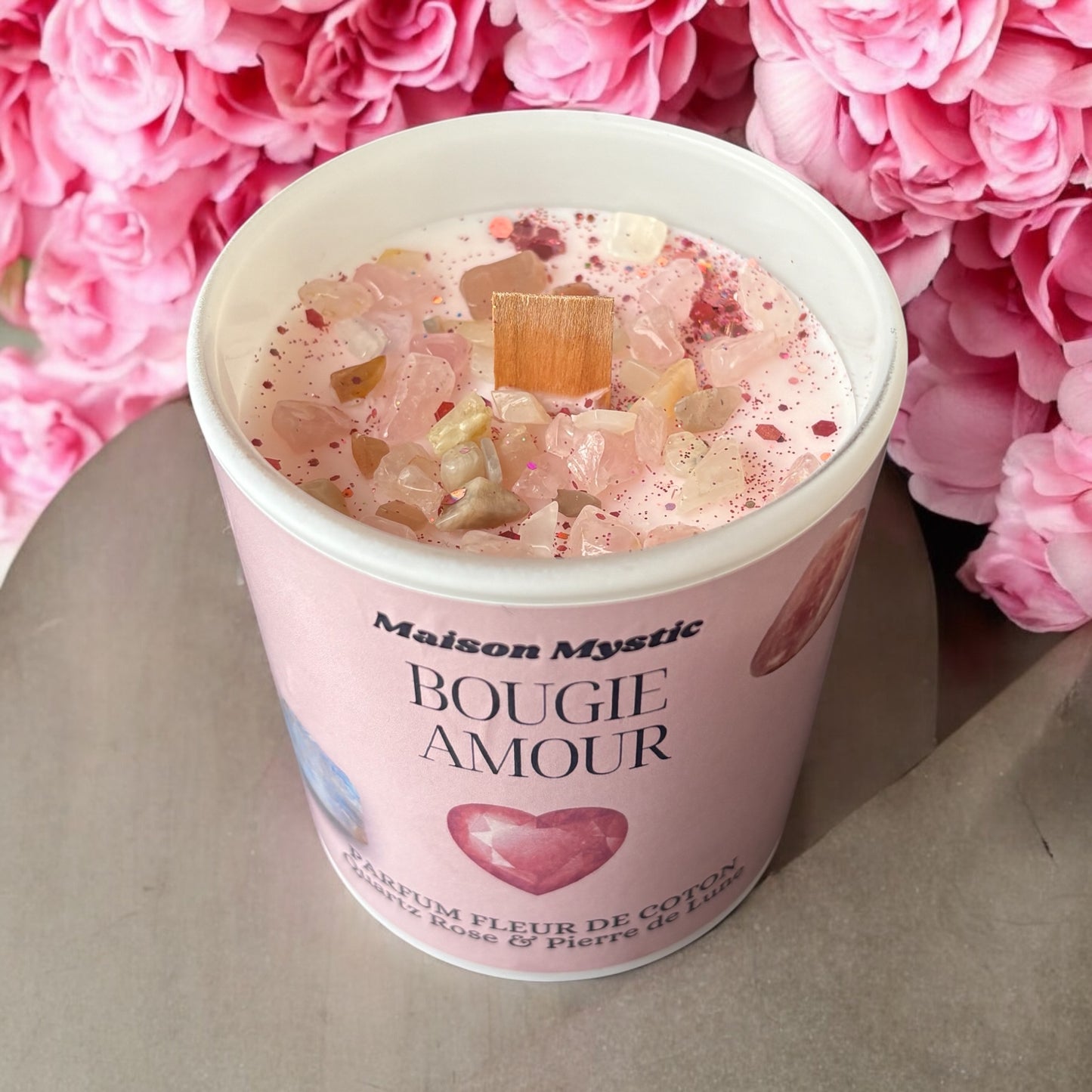 Bougie d'intention - AMOUR ♥ Quartz Rose & Pierre de Lune