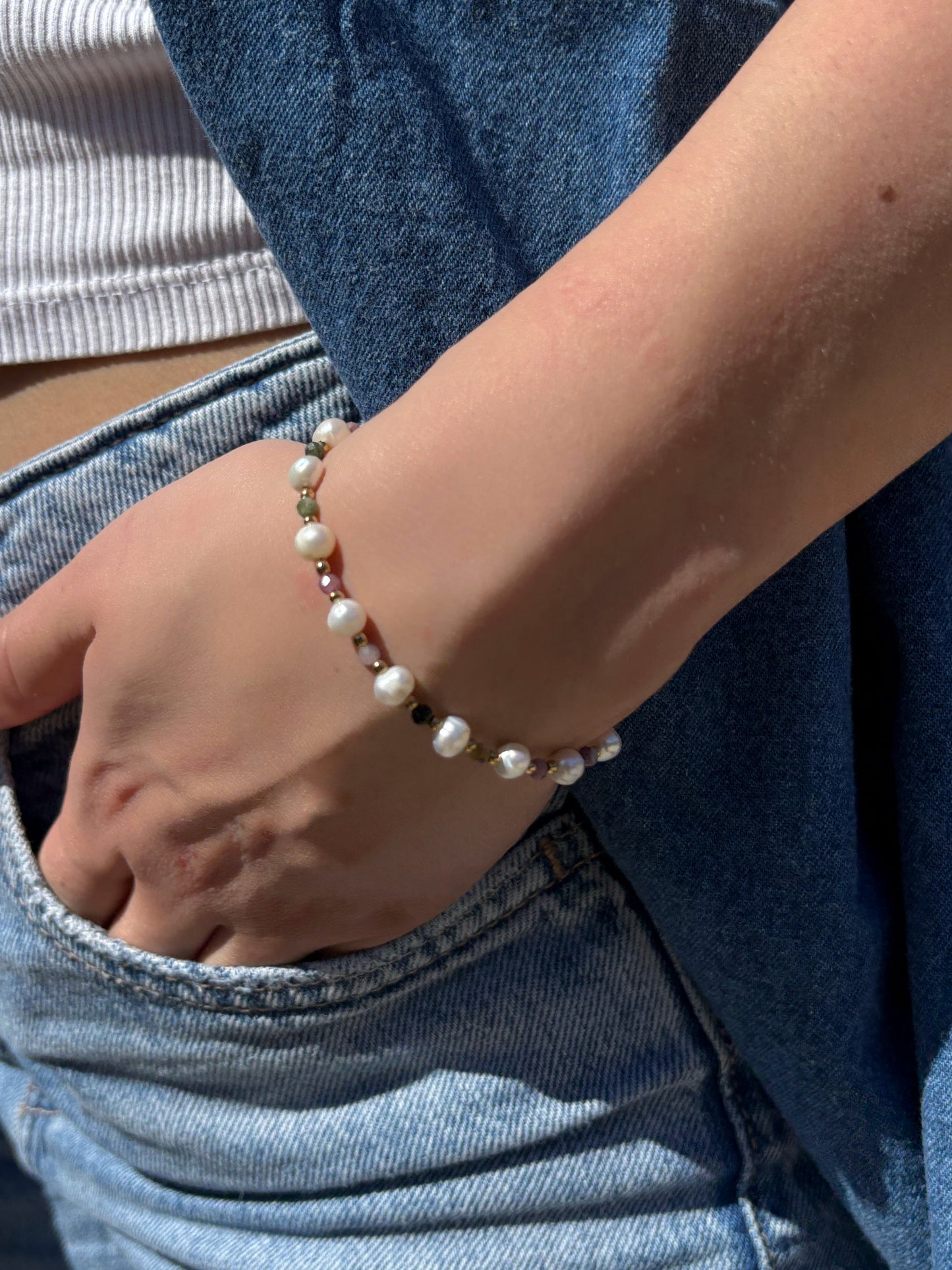 Bracelet en pierre naturelle - Tourmaline & Perle d'eau douce