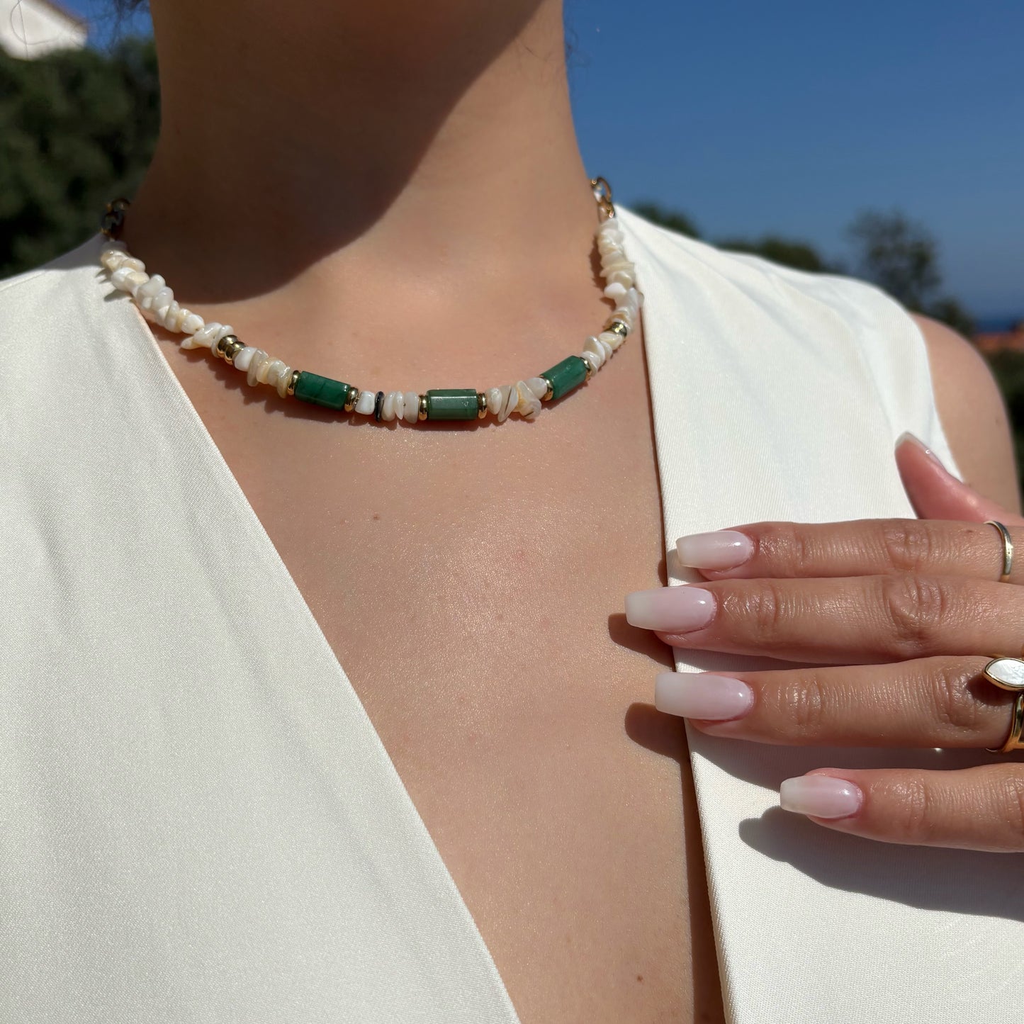 Collier en pierres naturelles - Jaspe vert & Coquillage