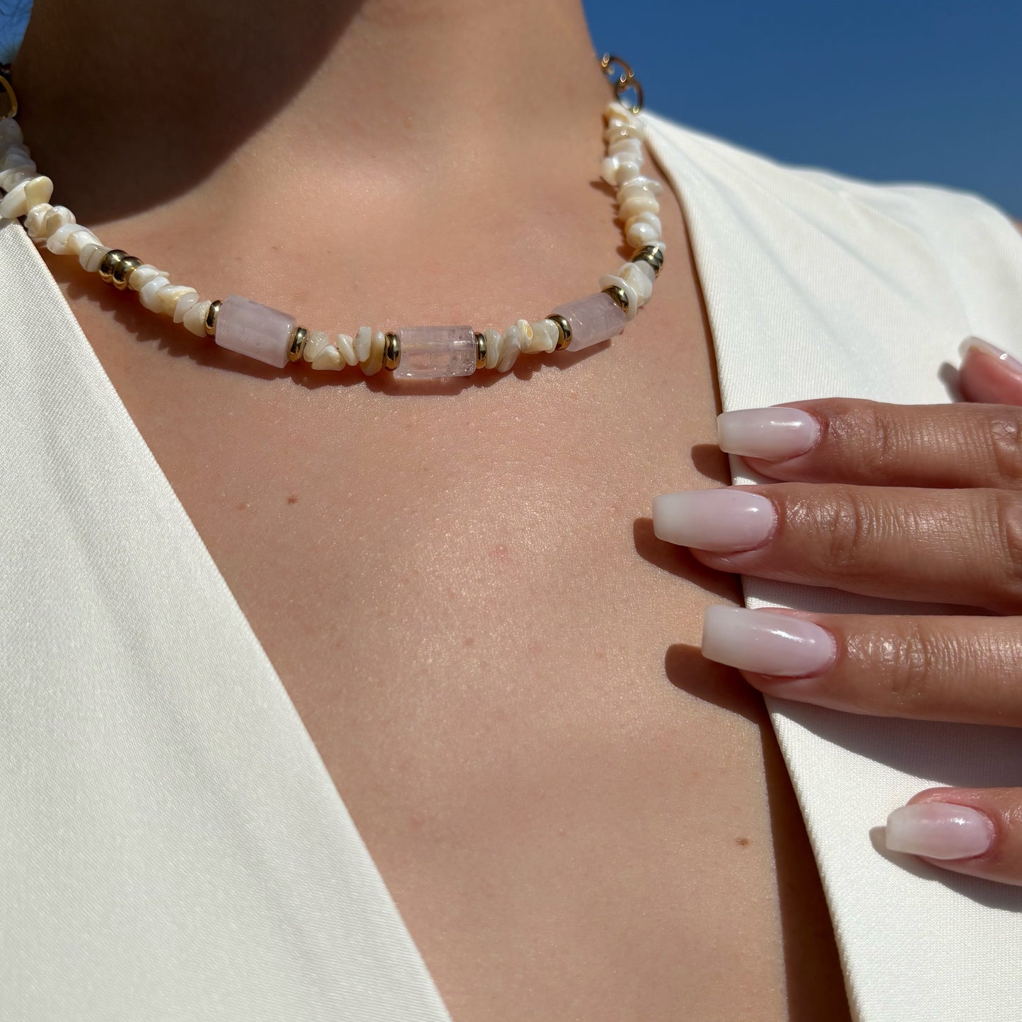 Collier en pierres naturelles - Coquillage & Quartz Rose