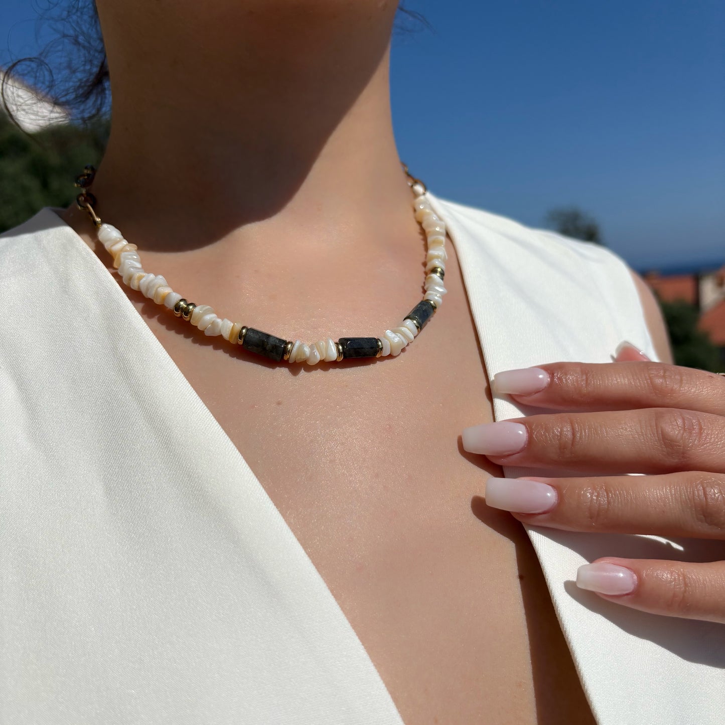 Collier en pierres naturelles - Coquillage & Labradorite