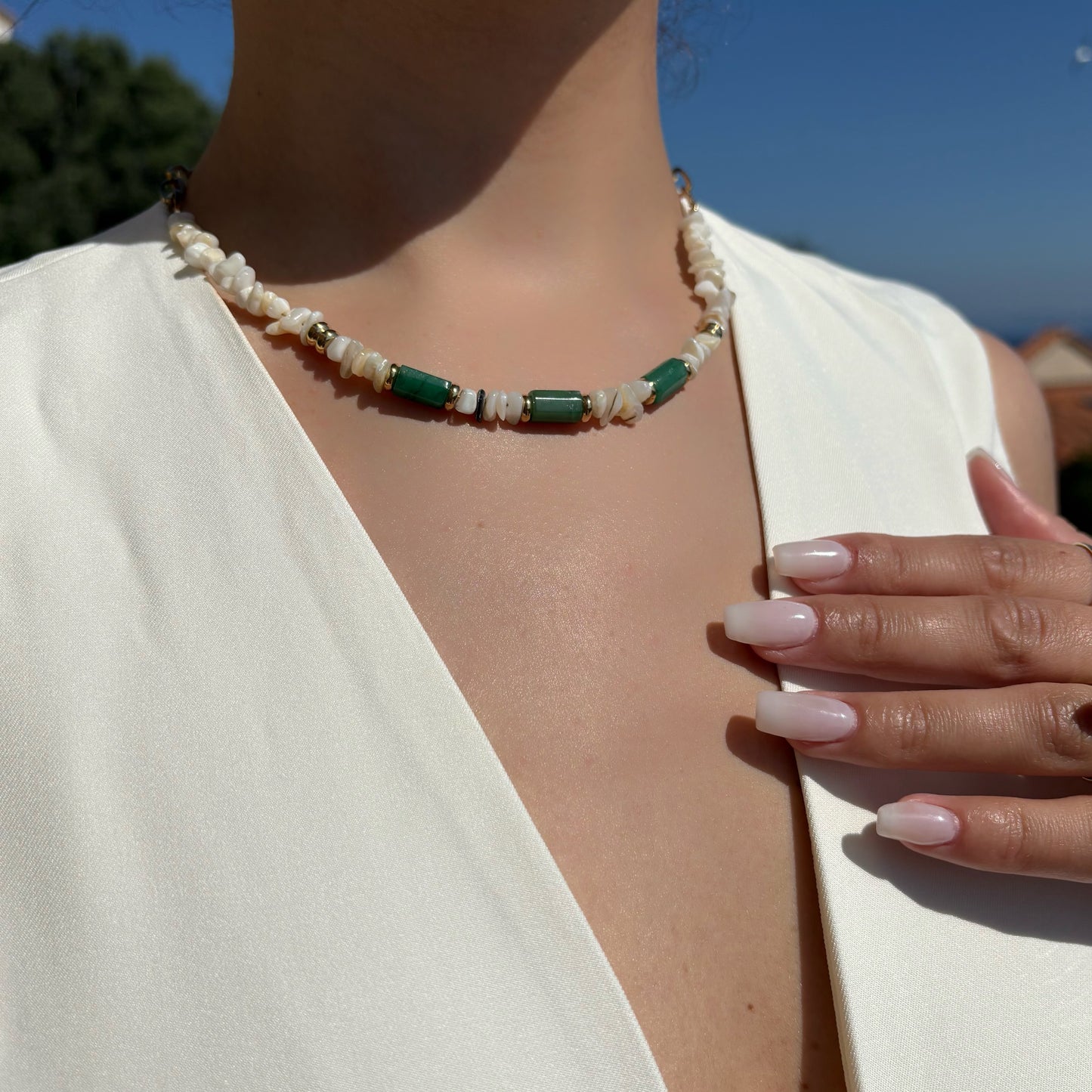 Collier en pierres naturelles - Jaspe vert & Coquillage