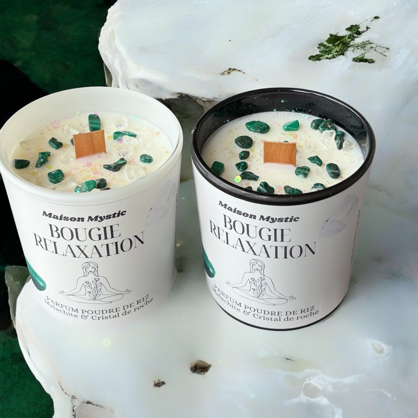 Bougie d'intention - RELAXATION đ§ââïžMalachite & Cristal de Roche