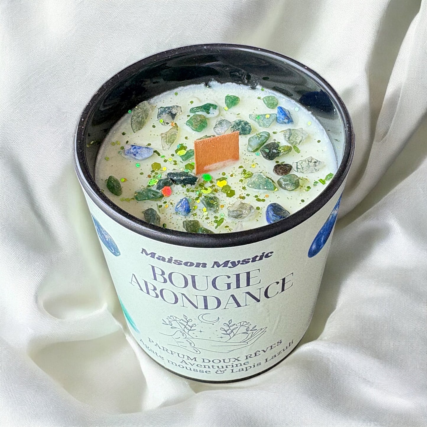 Bougie d'intention - ABONDANCE 🍀Aventurine, Agate Mousse & Lapis Lazuli