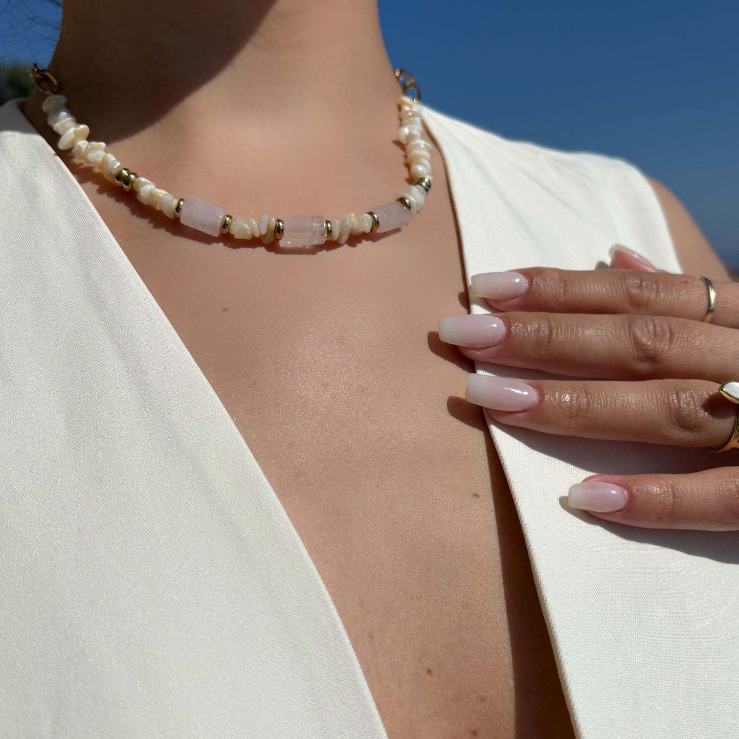 Collier en pierres naturelles - Coquillage & Quartz Rose
