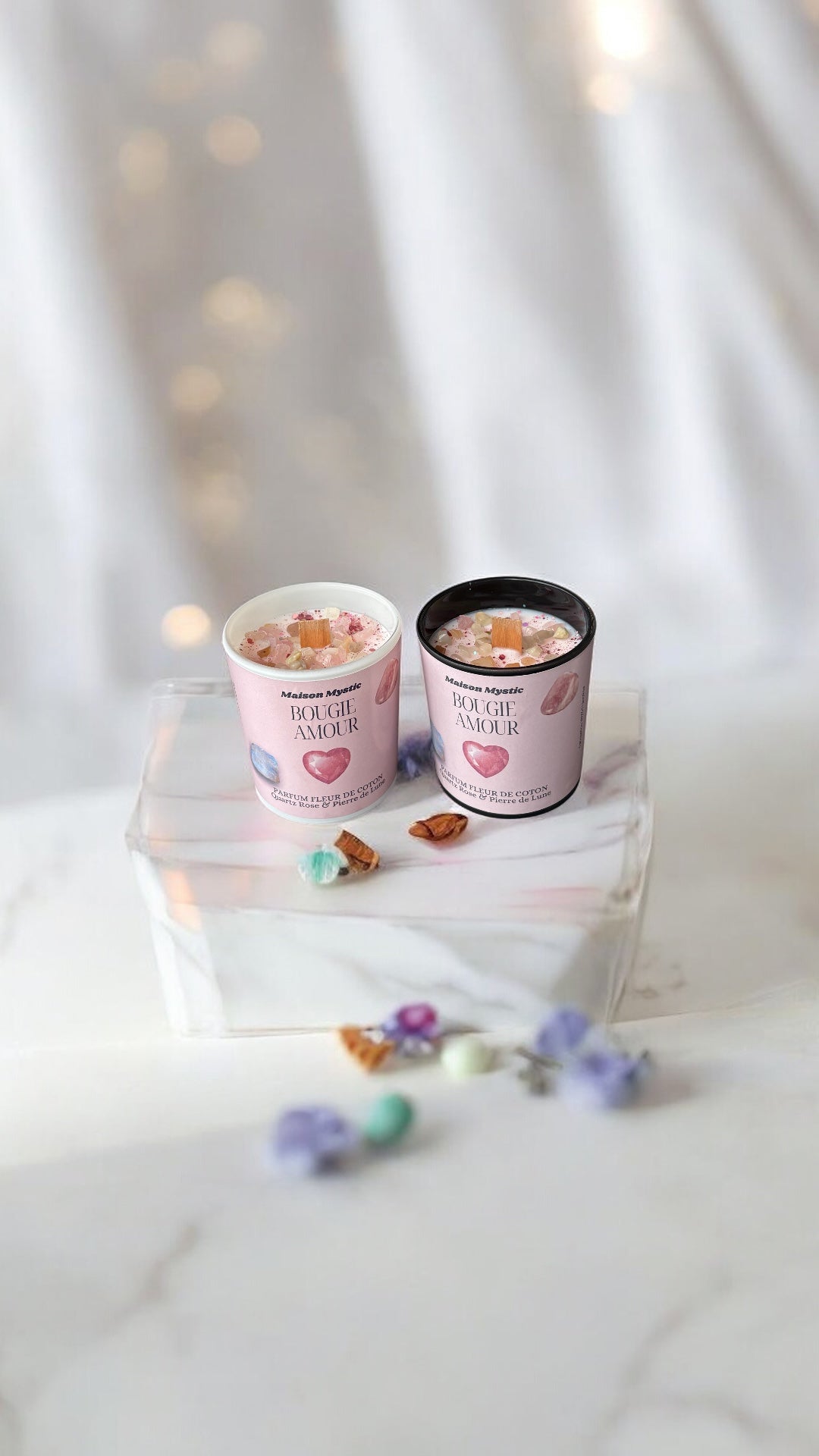 Bougie d'intention - AMOUR ♥ Quartz Rose & Pierre de Lune