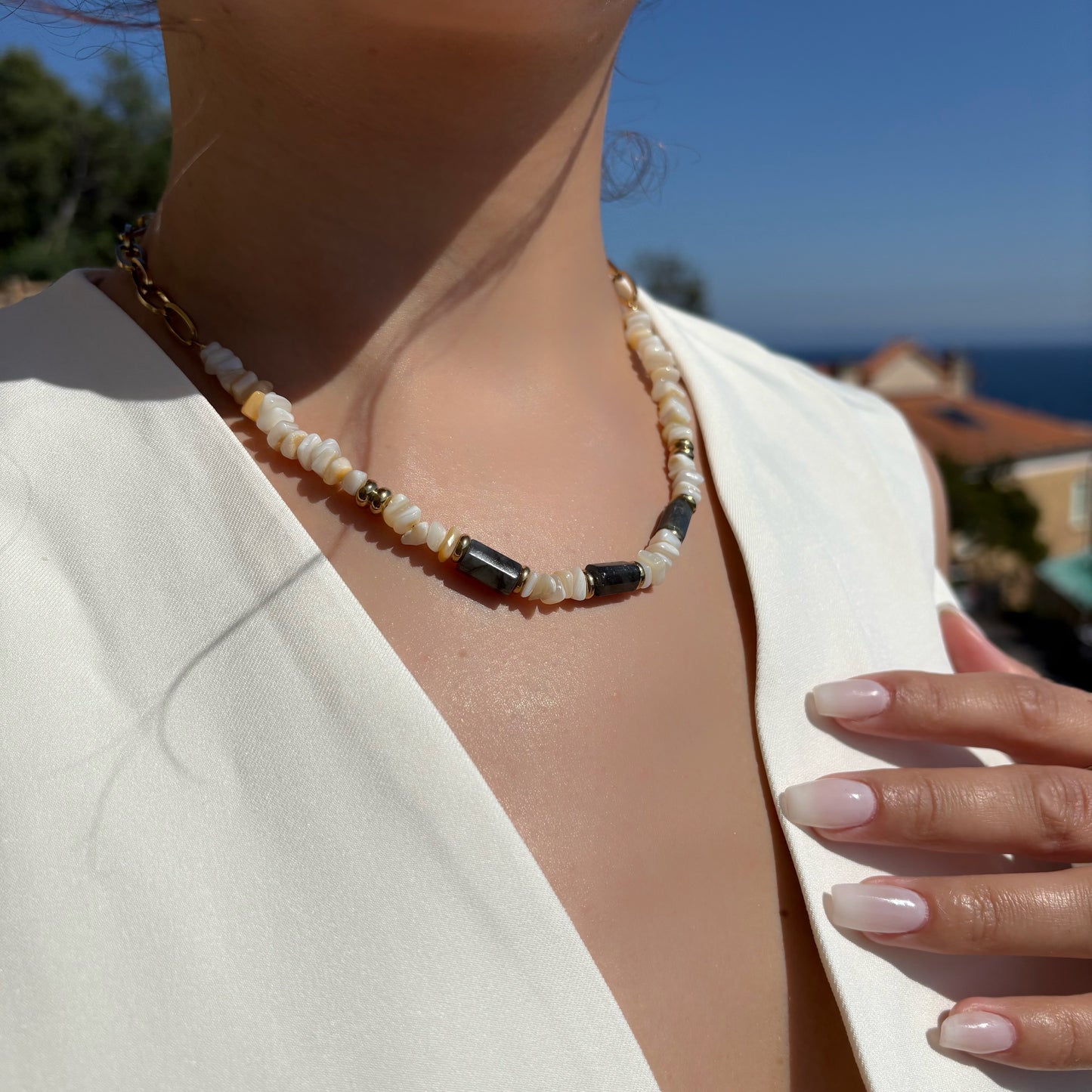 Collier en pierres naturelles - Coquillage & Labradorite