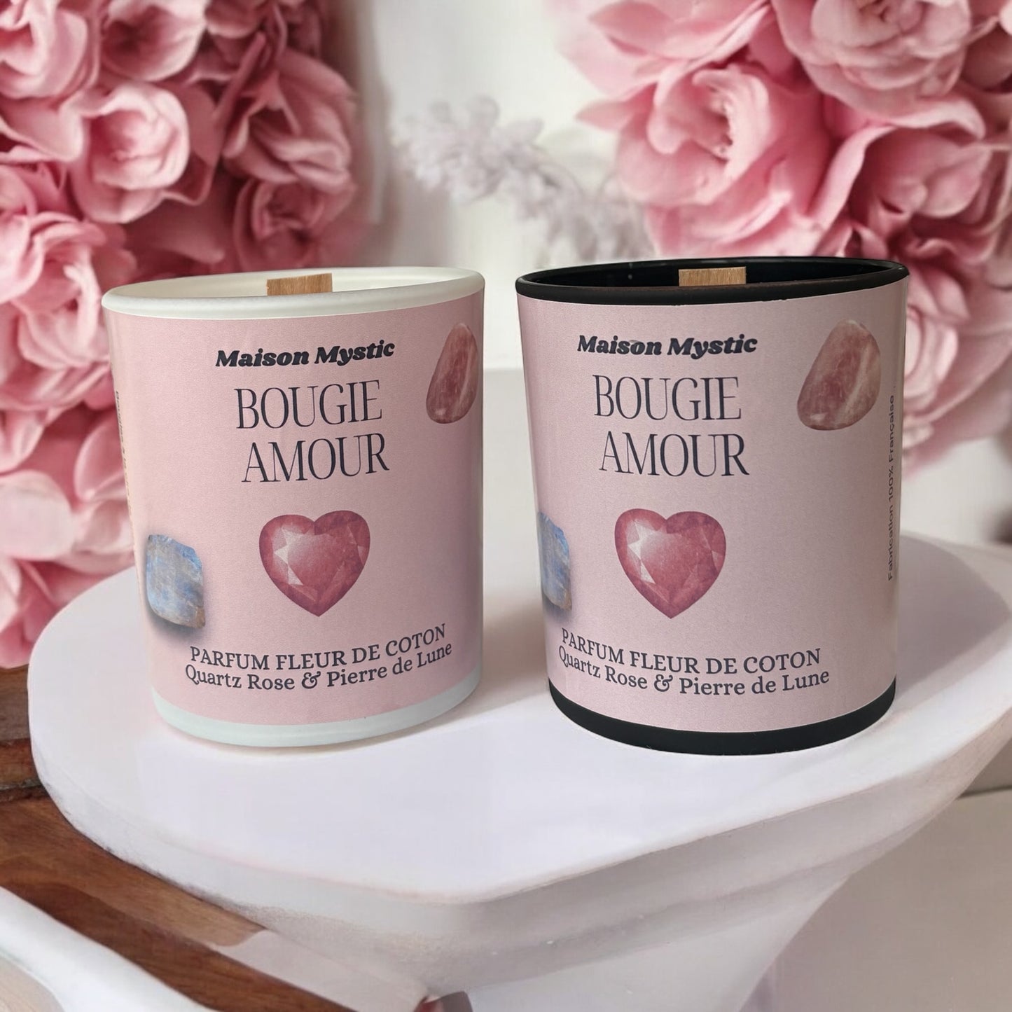 Bougie d'intention - AMOUR ♥ Quartz Rose & Pierre de Lune
