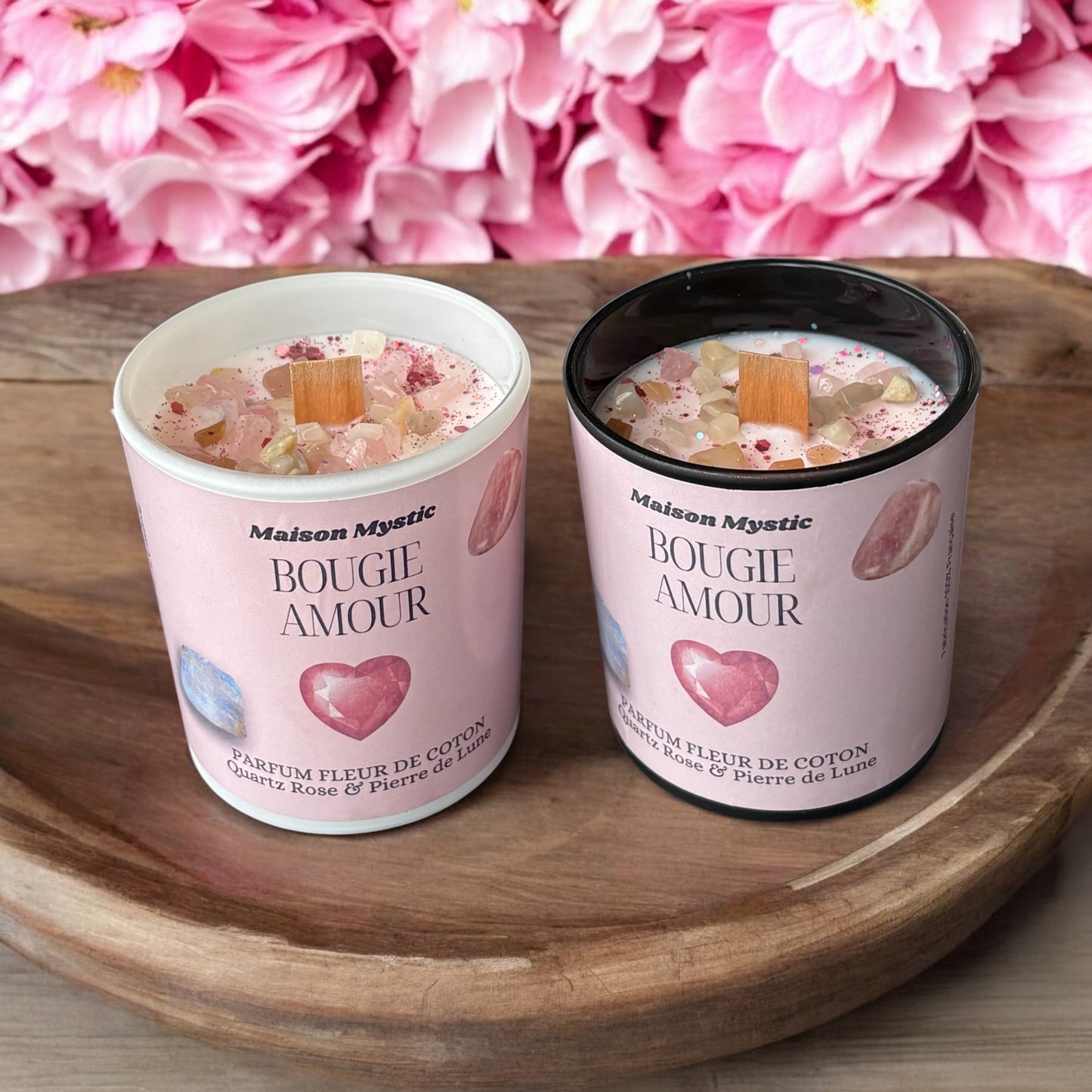 Bougie d'intention - AMOUR ♥ Quartz Rose & Pierre de Lune