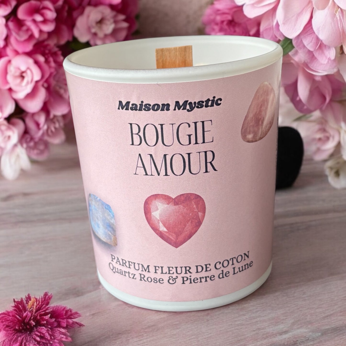 Bougie d'intention - AMOUR ♥ Quartz Rose & Pierre de Lune