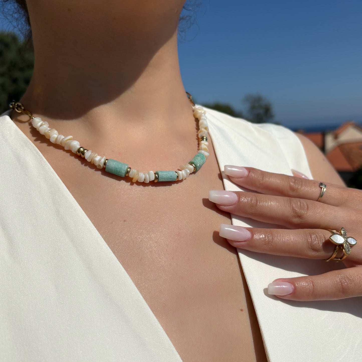 Collier en pierres naturelles -Amazonite & Coquillage